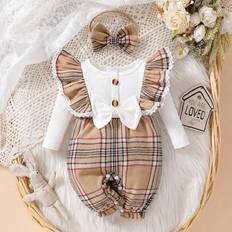 Shein Baby Girls Casual Round Neck Plaid Long Sleeve Jumpsuit With Headband - Spring/Autumn