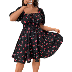 Shein Cherry Print Lantern Sleeve Square Neck Plus KneeLength Dress With Drawstring Waist