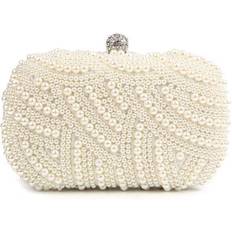 Bags Scione Hand Made Luxury Pearl Clutch Women Purse Diamond Chain Evening Bag - Beige