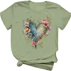 Shein Casual Short Sleeve TShirt With Heart Flower Pattern And Round Neck