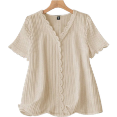 Shein Plus VNeck Lace Trim Solid Color Casual Loose Comfortable Blouse