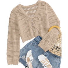 Shein Solid Color Front Tie Long Sleeve Cardigan - Women's