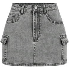 Shein Casual Street Style Flap Pocket Denim Mini Skirt - Solid Color