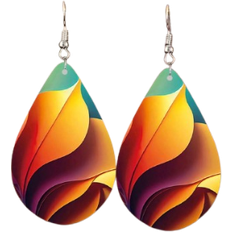 Shein 1 Pair Double Sided Rainbow Print Water Drop Wooden Hook Earrings For Women
