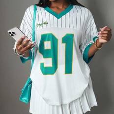 Shein Women's Numeric & Letter Print V-Neck Short Sleeve Graphic T-Shirt - Baseball Jersey