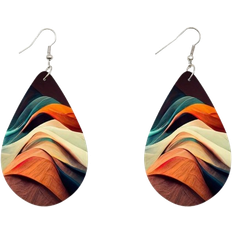 Shein 1 Pair Double Sided Rainbow Print Water Drop Wooden Hook Earrings For Women