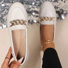 Gold Loafers Shein Women Versatile Round Toe Gold Chain Decor Faux Leather Slip-On Loafers - Black/Whit