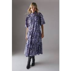 Organza High Neck Tier Midi Smock Dress - Animal