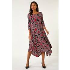 Roman Leaf Print Hanky Hem Stretch Midi Dress - Red