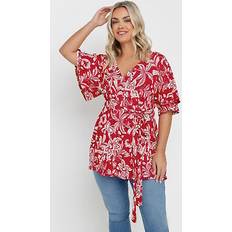 Red Blouses Yours Floral Print Textured Wrap Top - Red