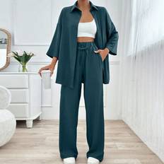 Shein Damen Lässig Einfarbiges Hemd Hose Set - Herbst