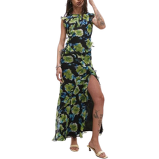 Topshop High Neck Open Back Frill Maxi Dress in Blurred Blue Floral - Multi