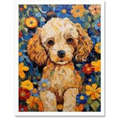 Interior Details ARTERY8 Cockapoo Puppy Oil Painting Colourful Bright Bold Floral W12 inch x H16 inch Framed Art