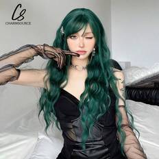 Shein Cute wigs - Dark green Medium Part Bangs Long Curly 28-Inch Daily Simulation Scalp