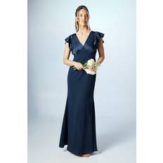 Honoured V Neck Angel Short Sleeve Satin Maxi Bridesmaid Dress - Navy