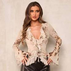 XXS Blouses Shein Women's Front Tie Long Sleeve Printed Casual Blouse - Vacation