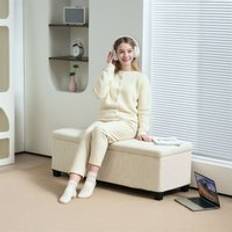 Beige Storage Benches Homcom Corduroy Ottoman 112 cm Beige Storage Bench