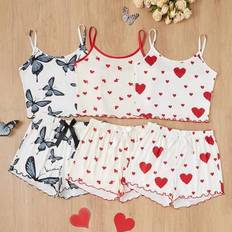 Stretch Sleepwear Shein 3pcs Set Include Heart & Bow Tie Print Camisole & Shorts Pajama Set