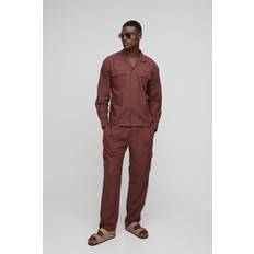 Linne Kostymer boohooMAN Mens Oversized Linen Blend Look Cargo Pocket Shirt & Trouser Set - Chocolate