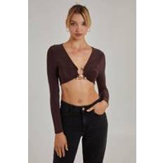 Gold Blouses Gold Trim Slinky Long Sleeve Top - Brown