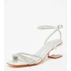 Grey - Women Heeled Sandals Quiz Silver Diamante Low Heeled Sandals - Grey