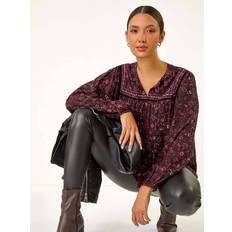 Purple Blouses Roman Floral Print Tie Front Top - Purple