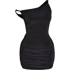 PrettyLittleThing Petite Double Slinky Asymmetric Neckline Twist Detail Mini Dress - Black