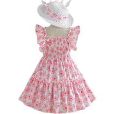 Shein Young Girls Mexican Children`S Day Summer Season Colorful Dopamine Pink Full Printed Slim Fitting Middle-Length Dress For Summer