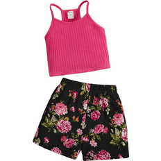 Shein Young Girl Ribbed Knit Cami Top Floral Print Shorts