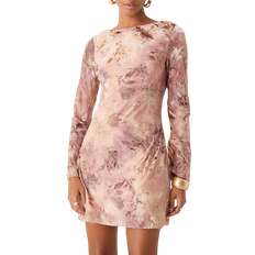 New Look flocked floral mesh mini dress in pink pattern