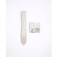 Ties River Island Mens Beige Textured Floral Tie & Handkerchief Set - Beige