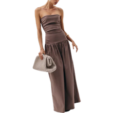 Nylon Dresses PrettyLittleThing Stretch Woven Bandeau Ruched Maxi Dress - Taupe