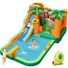 Costway Monkey Themed Inflatable Water Slide with Jumping Area & Pool with 680W Blower