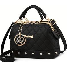 Bags Temu Black Quilted Boston Bag With Golden-tone Hardware - Black