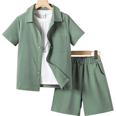 Shein Tween Boy Solid Pocket Patched Button Up Shirt Shorts Without Tee