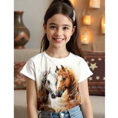 Children's Clothing Shein Cute Retro Horse Print Tween Girls Casual Minimalist Short Sleeve Round Neck T-Shirt - Summer