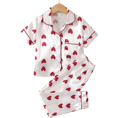 Shein Toddler Girls' Bright Red And White Heart Patterned Short-Sleeved Button-Up Top And Long Pants Pajamas Set