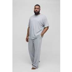 Gråa Pyjamasar boohooMAN Mens Grey Marl Plus Pour Home Print T-shirt and Jogger Lounge Set