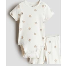 1-3M Övriga sets Barnkläder H&M 2-delat Ribbat Set I Bomull - Crèmevit/Björnar