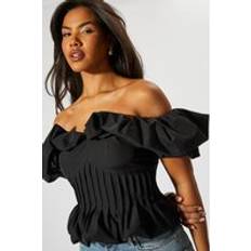 Tops Misspap Ruffle Bardot Cinched Waist Top - Black
