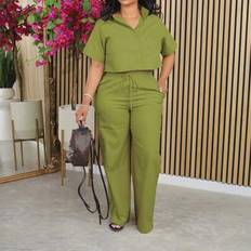 Linne Kostymer Shein Linne Casual Outfit Kortärmad Skjorta Blus - Armé Grön