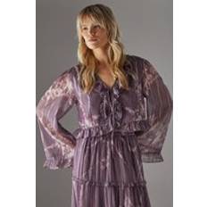 Purple Blouses Warehouse Womens Metallic Chiffon Ruffle Tie Front Flared Sleeve Blouse - Purple
