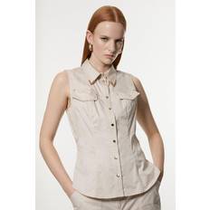 Karen Millen Tops Karen Millen Cotton Sateen Utility Detail Woven Blouse With Gold Hardware - Brown