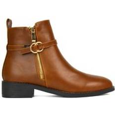 Lorna Flat Low Heel Ankle Booties With Decorative Buckle and Zip - Tan