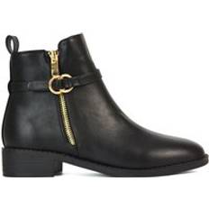 Lorna Flat Low Heel Ankle Booties With Decorative Buckle and Zip - Black