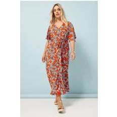 Yours Leaf Print Wrap Midaxi Dress - Orange