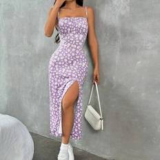Shein Bedrucktes Gestricktes Cami-Spaltkleid - Hellviolett