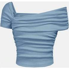 Viscose Tops Shein Ribbed Knit One Shoulder Ruched Fitted Casual Solid T-Shirt - Teen/Girl