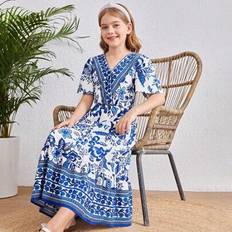 Children's Clothing Shein Tween Girl's Vacation Casual Chic Street Floral V-Neck Short Sleeve Mini Dress