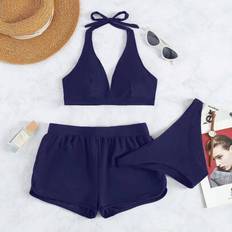 Shein Women's Solid Color Halter Tied Casual Bikini Swimwear Set - Vacation Beach Summer